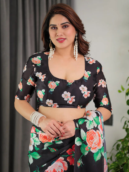Black Floral Satin Saree with Unstitched Blouse 4 for Women