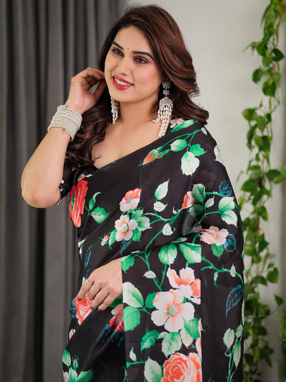 Black Floral Satin Saree with Unstitched Blouse 4 for Women