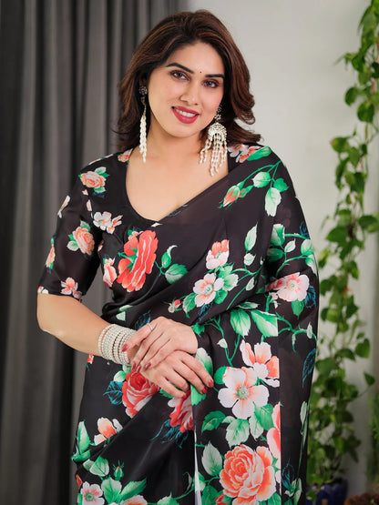 Black Floral Satin Saree with Unstitched Blouse 4 for Women