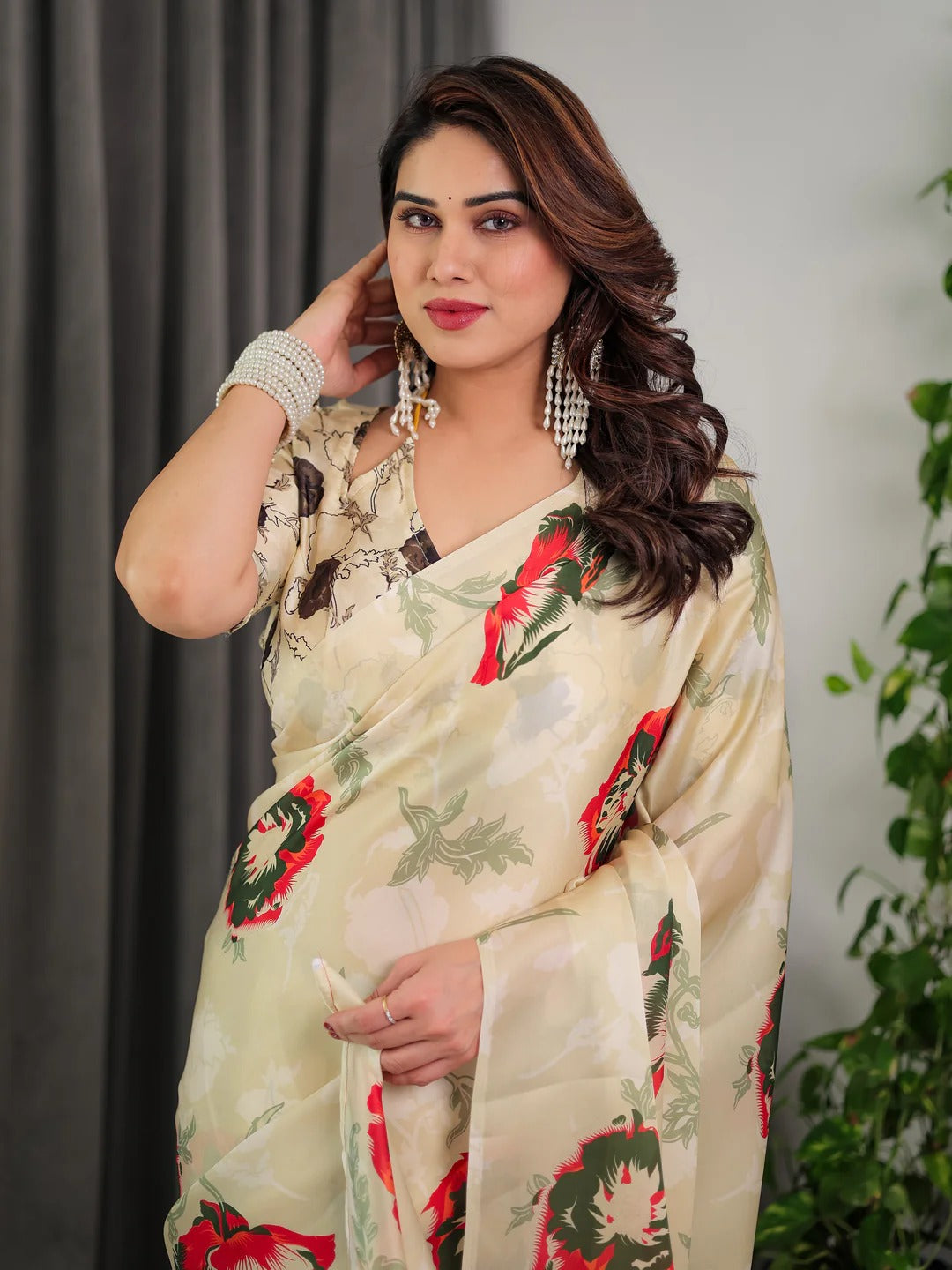 Ivory Floral Satin Saree with Unstitched Blouse for Women