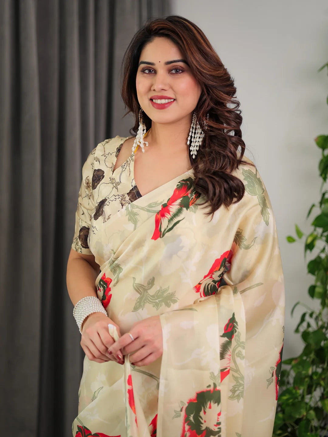 Ivory Floral Satin Saree with Unstitched Blouse for Women