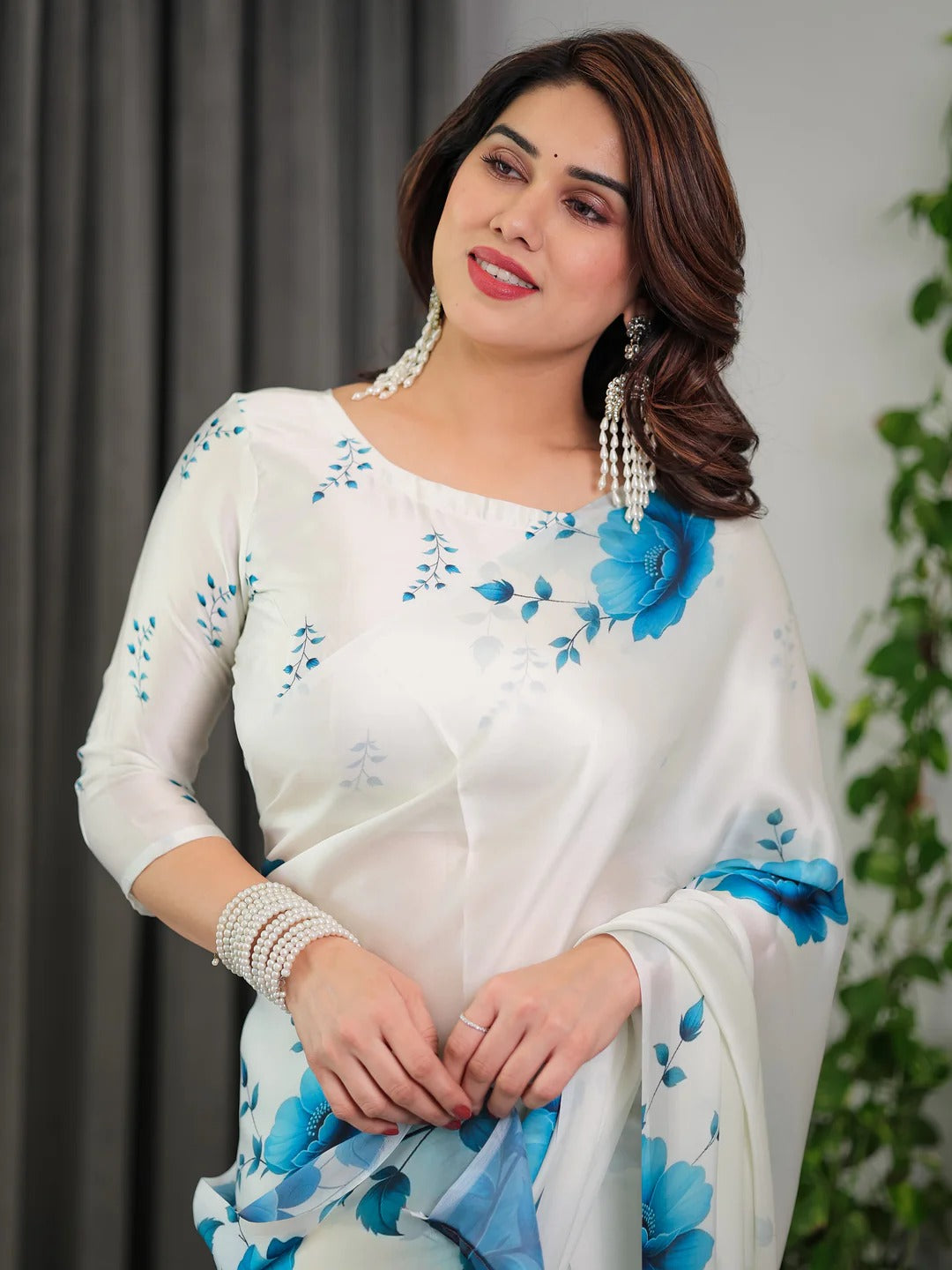 White Floral Satin Saree with Unstitched Blouse 3 for Women
