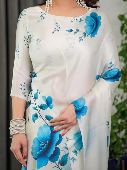 White Floral Satin Saree with Unstitched Blouse 3 for Women