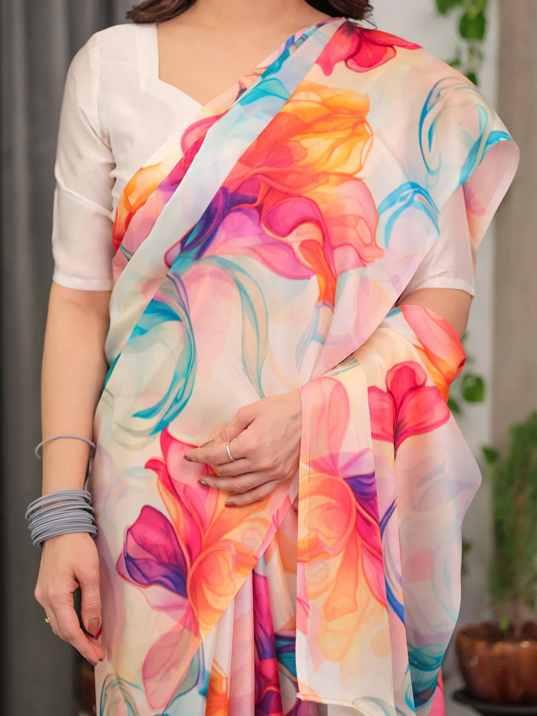 White Floral Satin Saree with Unstitched Blouse for Women
