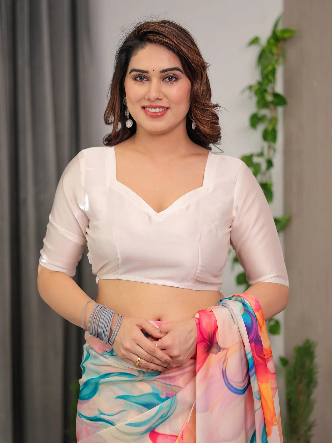White Floral Satin Saree with Unstitched Blouse for Women