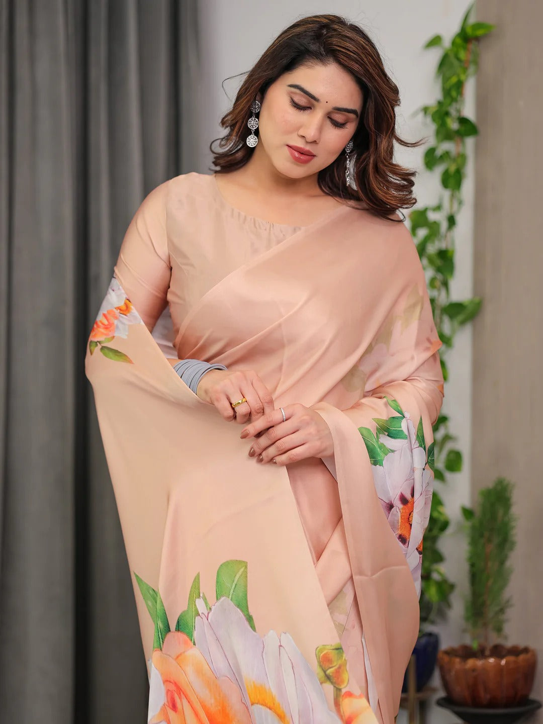 Peach Floral Satin Saree with Unstitched Blouse for Women