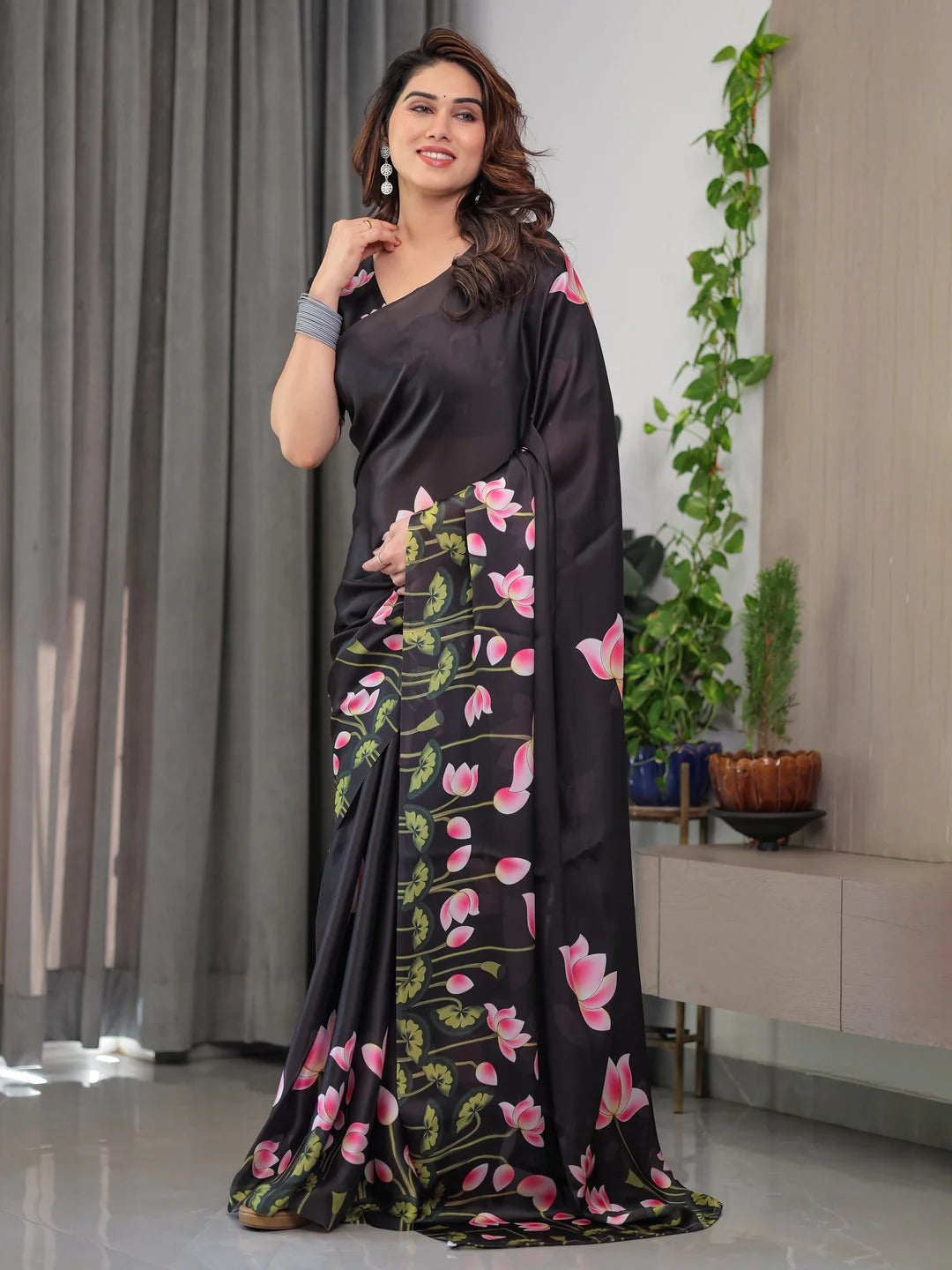 Black Floral Satin Saree with Unstitched Blouse 3 for Women