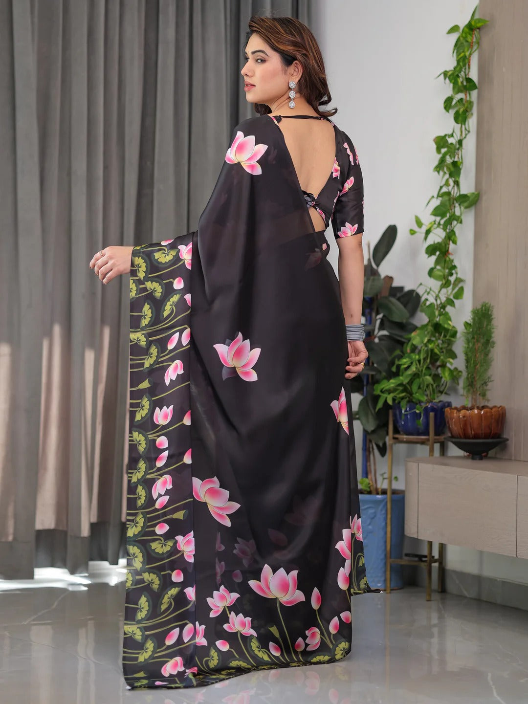 Black Floral Satin Saree with Unstitched Blouse 3 for Women