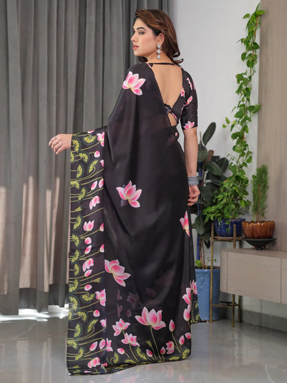 Black Floral Satin Saree with Unstitched Blouse 3 for Women