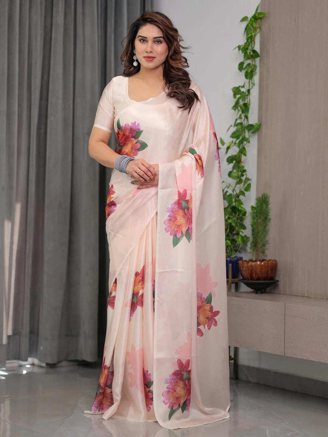 Cream Floral Satin Saree with Unstitched Blouse 4 for Women