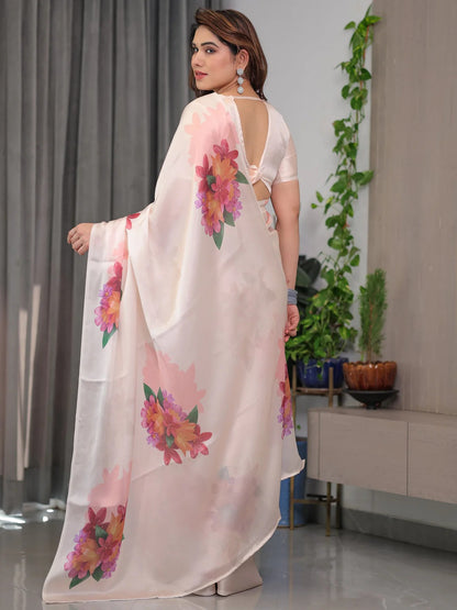 Cream Floral Satin Saree with Unstitched Blouse 4 for Women