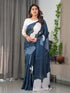 Navy Blue Floral Satin Saree with Unstitched Blouse for Women