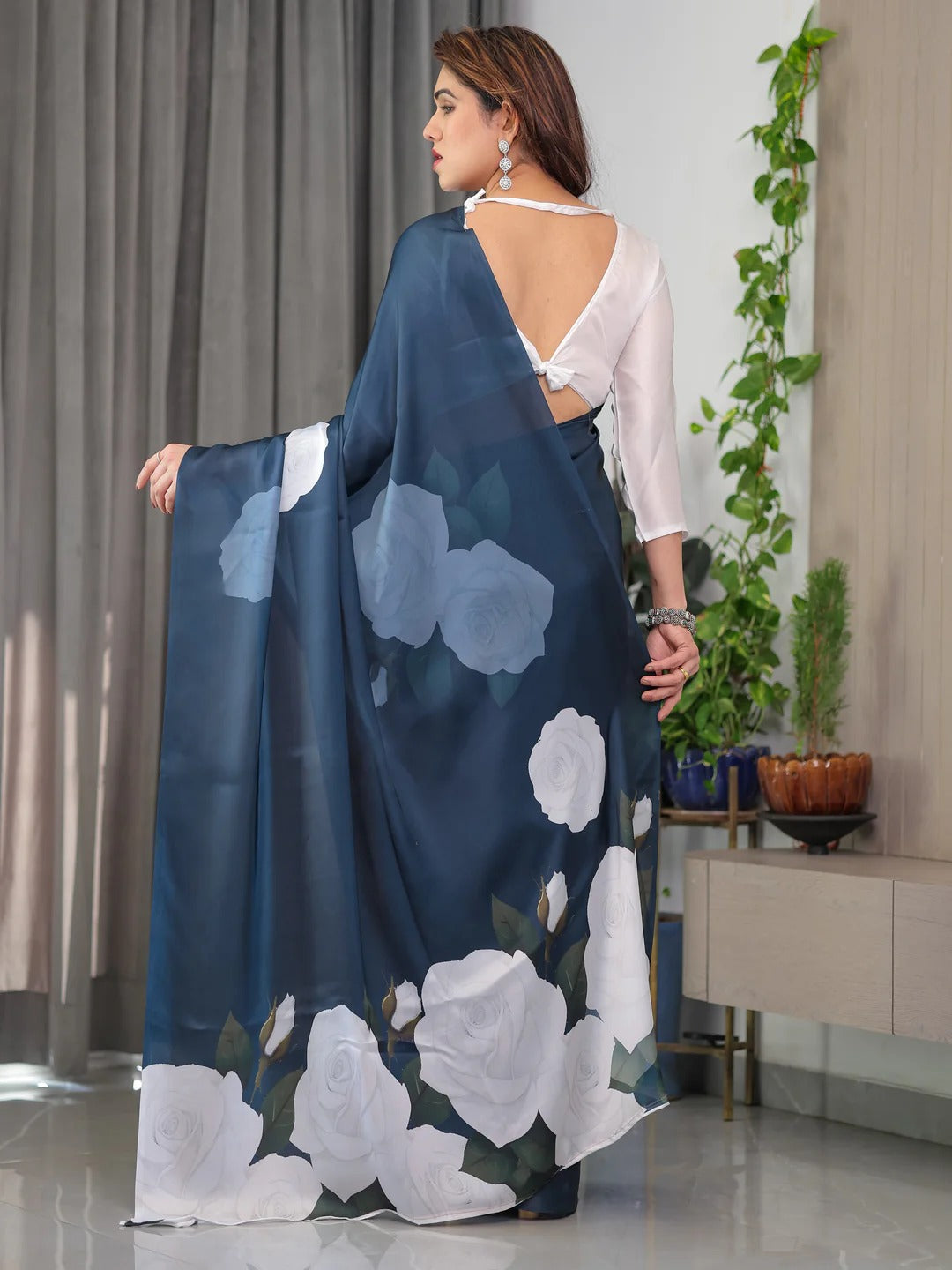 Navy Blue Floral Satin Saree with Unstitched Blouse for Women