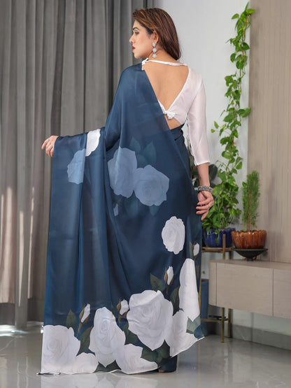 Navy Blue Floral Satin Saree with Unstitched Blouse for Women