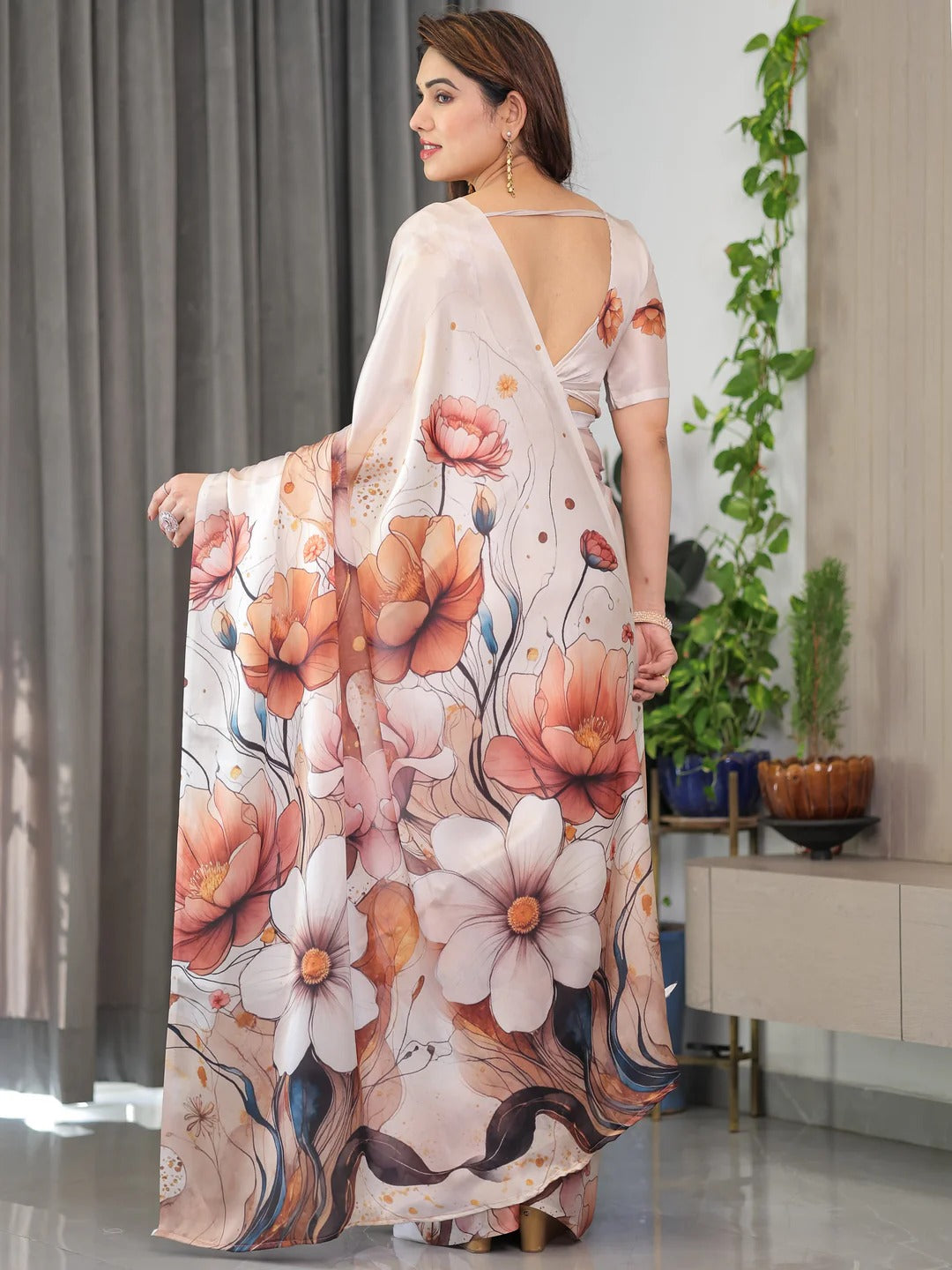Cream Floral Satin Saree with Unstitched Blouse 3 for Women