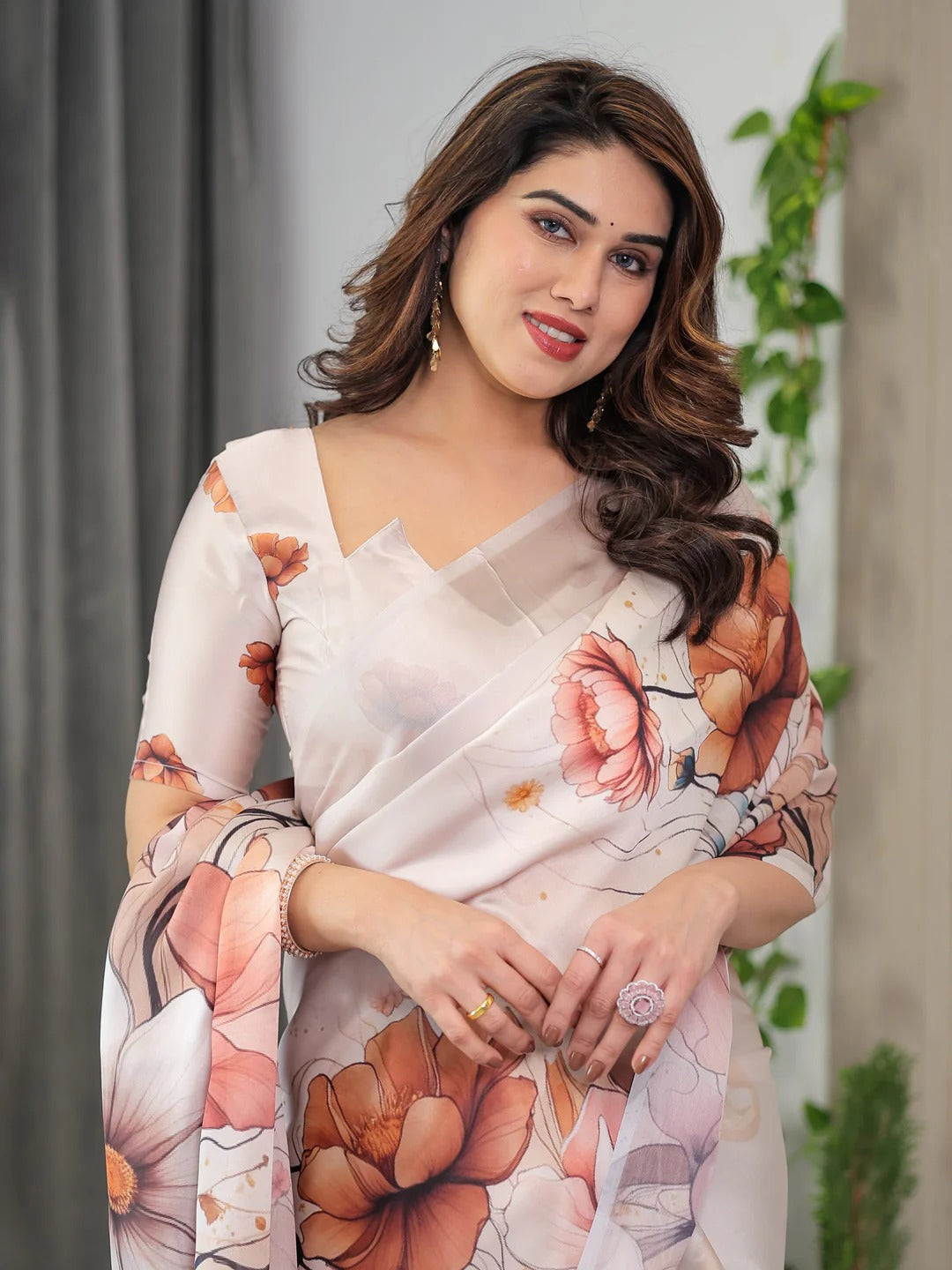 Cream Floral Satin Saree with Unstitched Blouse 3 for Women