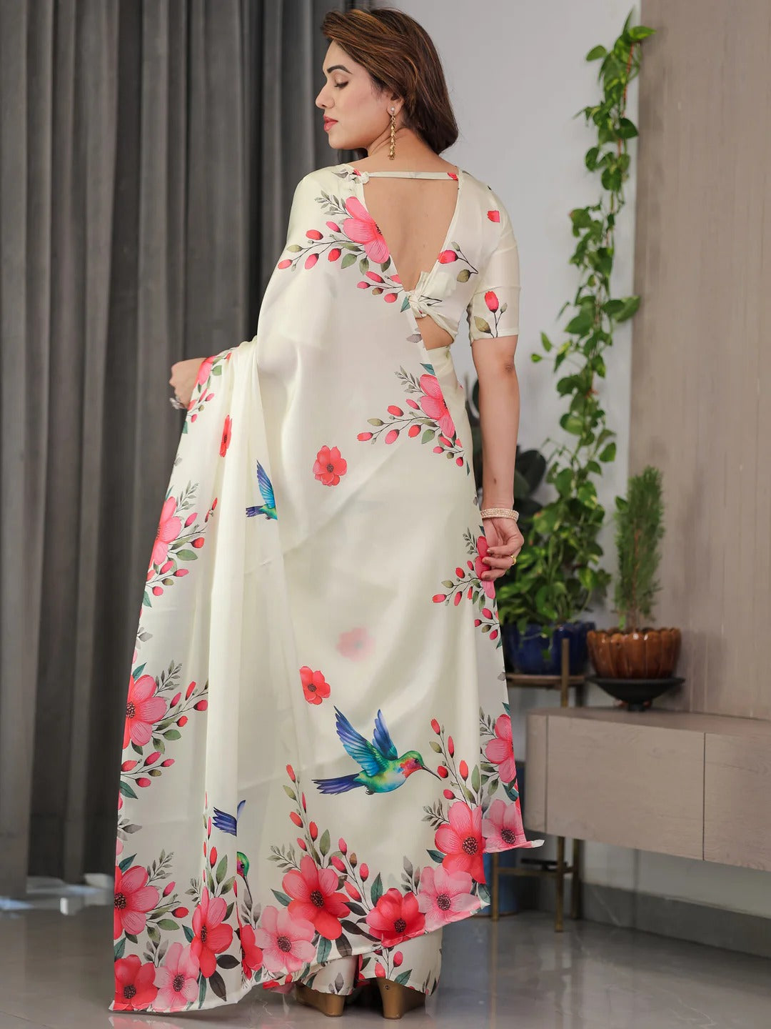 Cream Floral Satin Saree with Unstitched Blouse 2 for Women