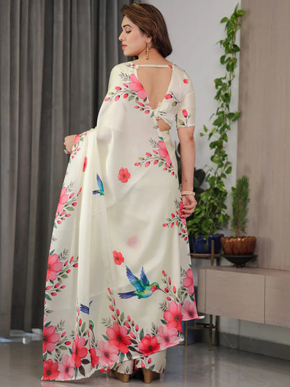 Cream Floral Satin Saree with Unstitched Blouse 2 for Women