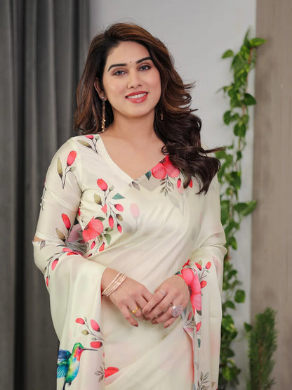 Cream Floral Satin Saree with Unstitched Blouse 2 for Women