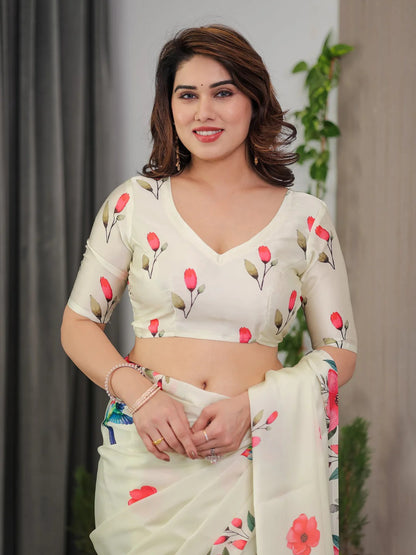Cream Floral Satin Saree with Unstitched Blouse 2 for Women