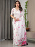 White Floral Satin Saree with Pink Flower Print 2 for Women