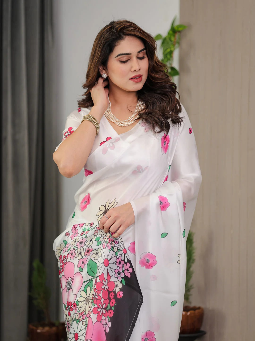 White Floral Satin Saree with Pink Flower Print 2 for Women