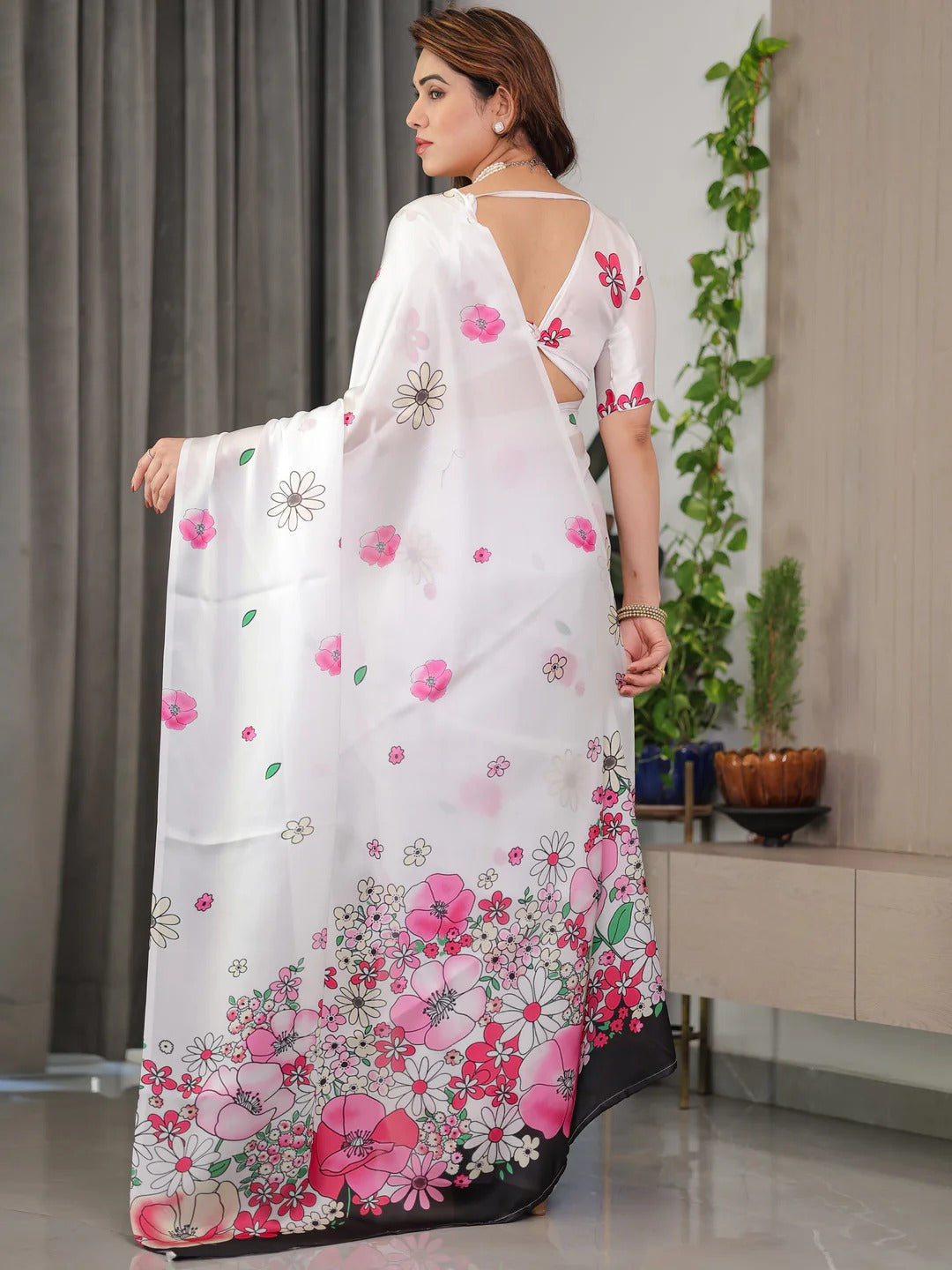 White Floral Satin Saree with Pink Flower Print 2 for Women
