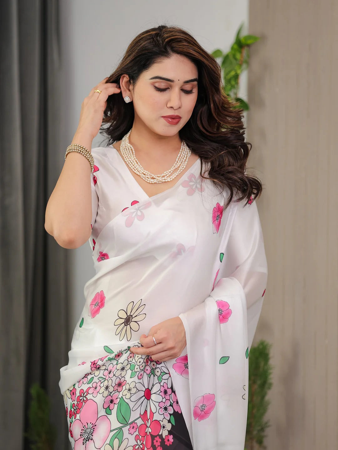 White Floral Satin Saree with Pink Flower Print 2 for Women