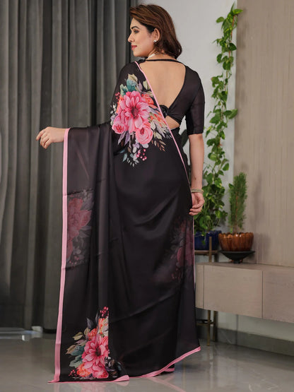 Black Floral Satin Saree with Unstitched Blouse 2 for Women