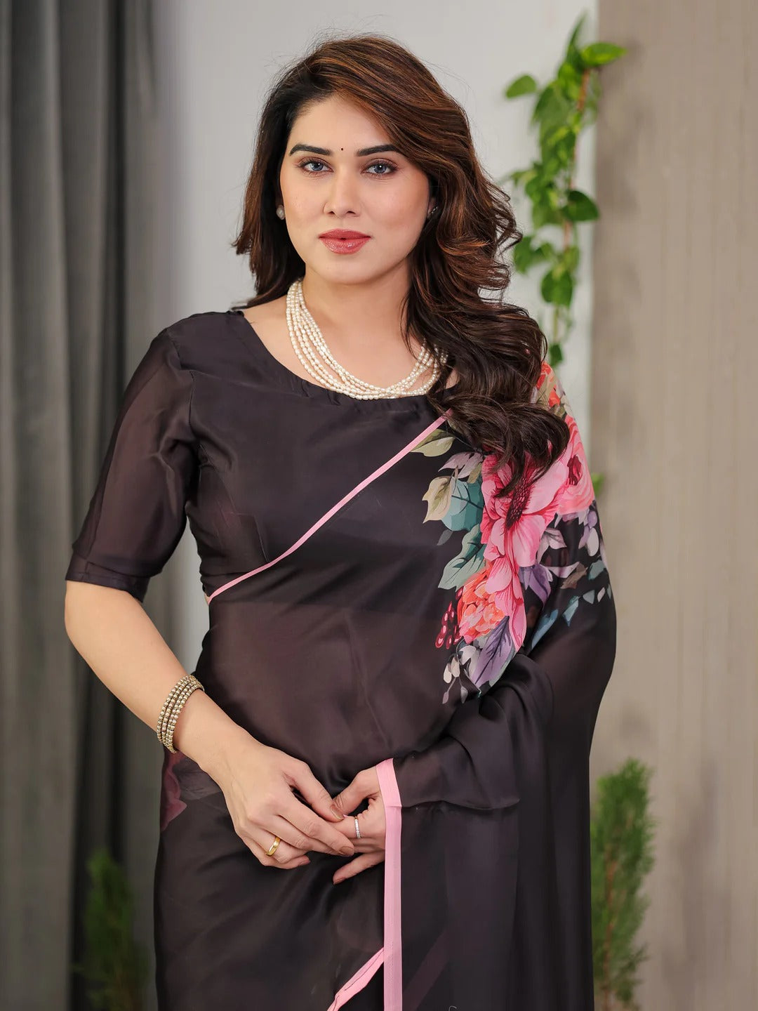 Black Floral Satin Saree with Unstitched Blouse 2 for Women