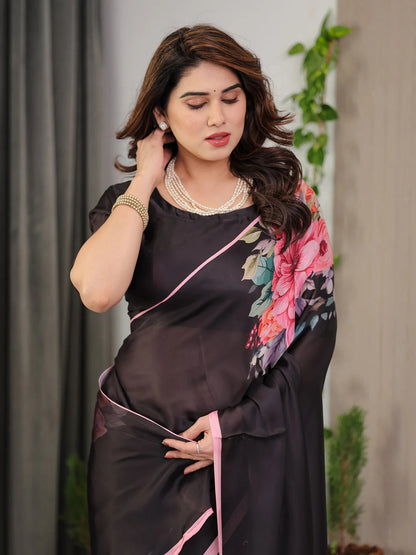 Black Floral Satin Saree with Unstitched Blouse 2 for Women
