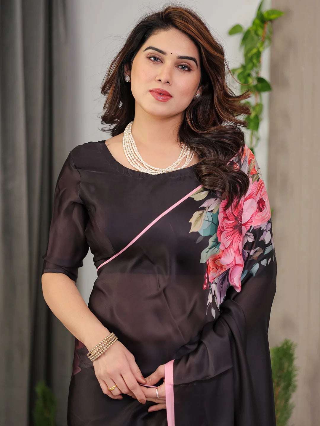 Black Floral Satin Saree with Unstitched Blouse 2 for Women
