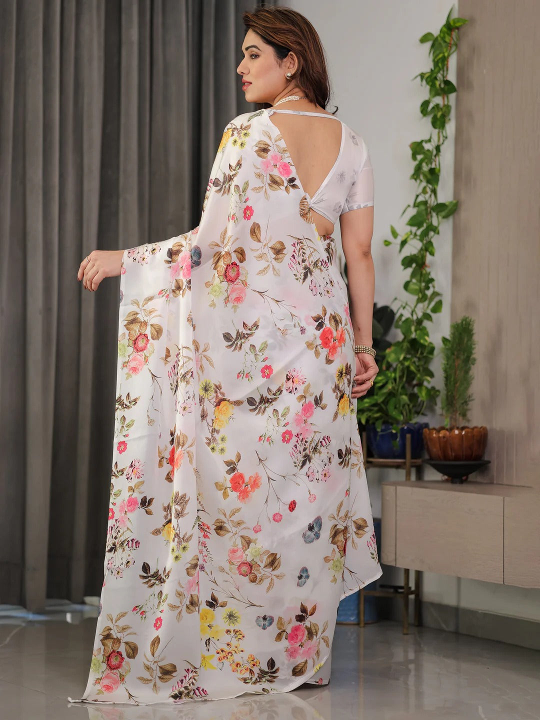 Cream Floral Satin Saree with Unstitched Blouse for Women