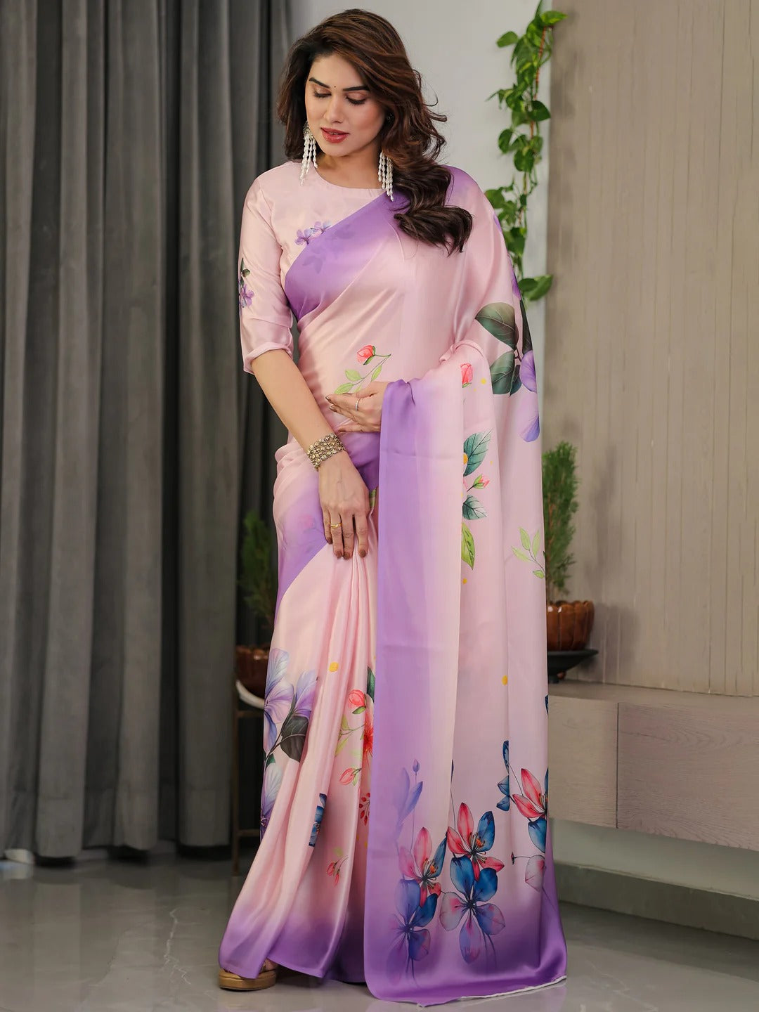 Pink Floral Satin Saree with Unstitched Blouse: for Women