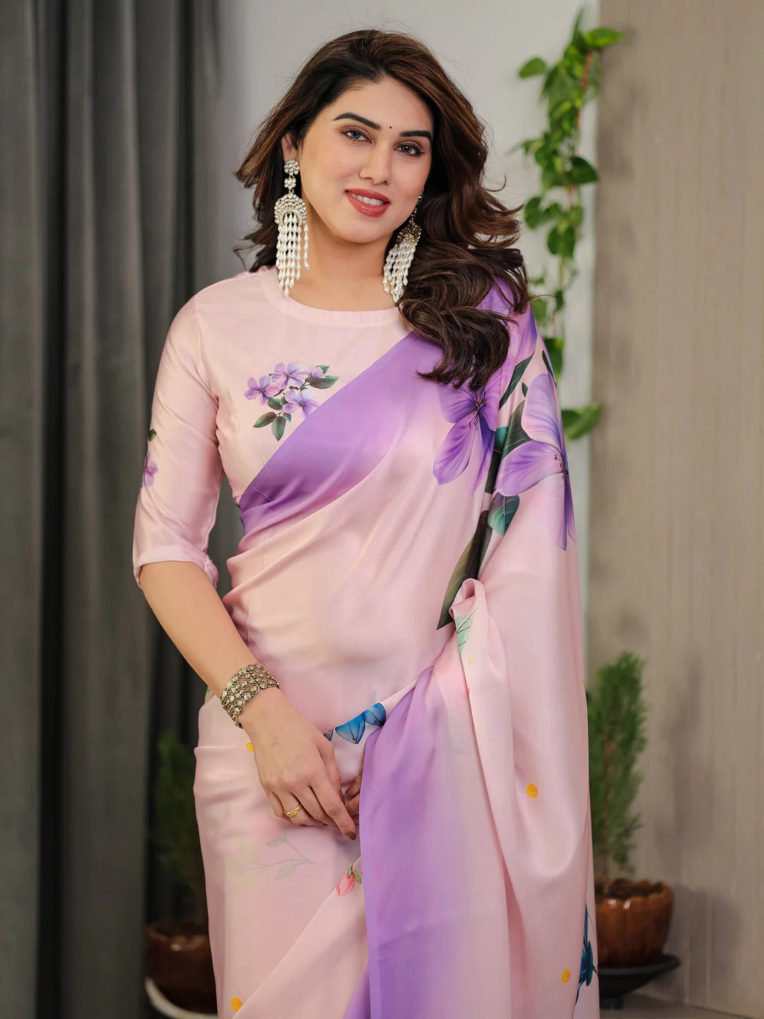 Pink Floral Satin Saree with Unstitched Blouse: for Women