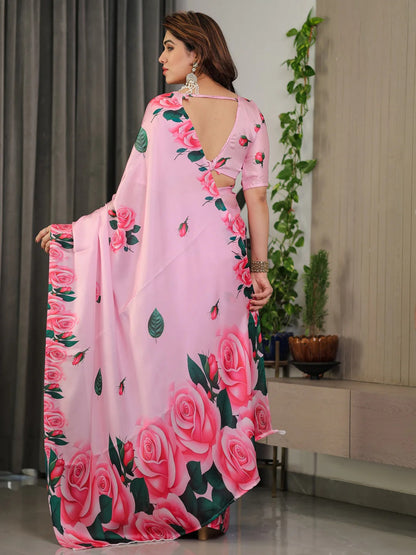 Pink Rose Satin Saree with Unstitched Blouse by for Women
