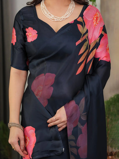 Navy Blue Floral Satin Saree with Blouse for Women