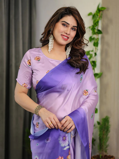 Lavender Floral Satin Saree with Blouse for Her for Women