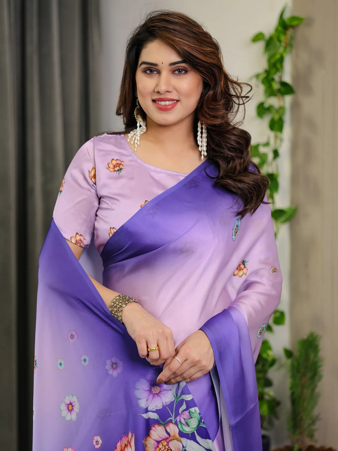 Lavender Floral Satin Saree with Blouse for Her for Women