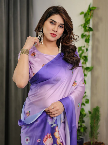 Lavender Floral Satin Saree with Blouse for Her for Women