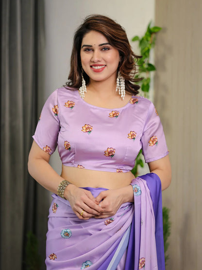 Lavender Floral Satin Saree with Blouse for Her for Women