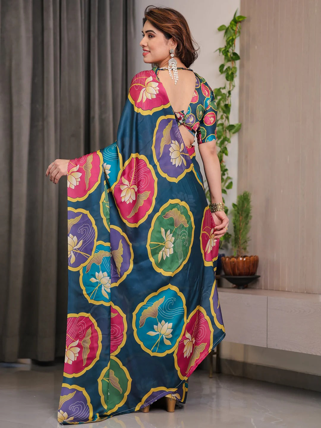 Teal Floral Satin Saree with Unstitched Blouse, for Women