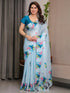 Sky Blue Lotus Print Satin Saree with Blouse by for Women