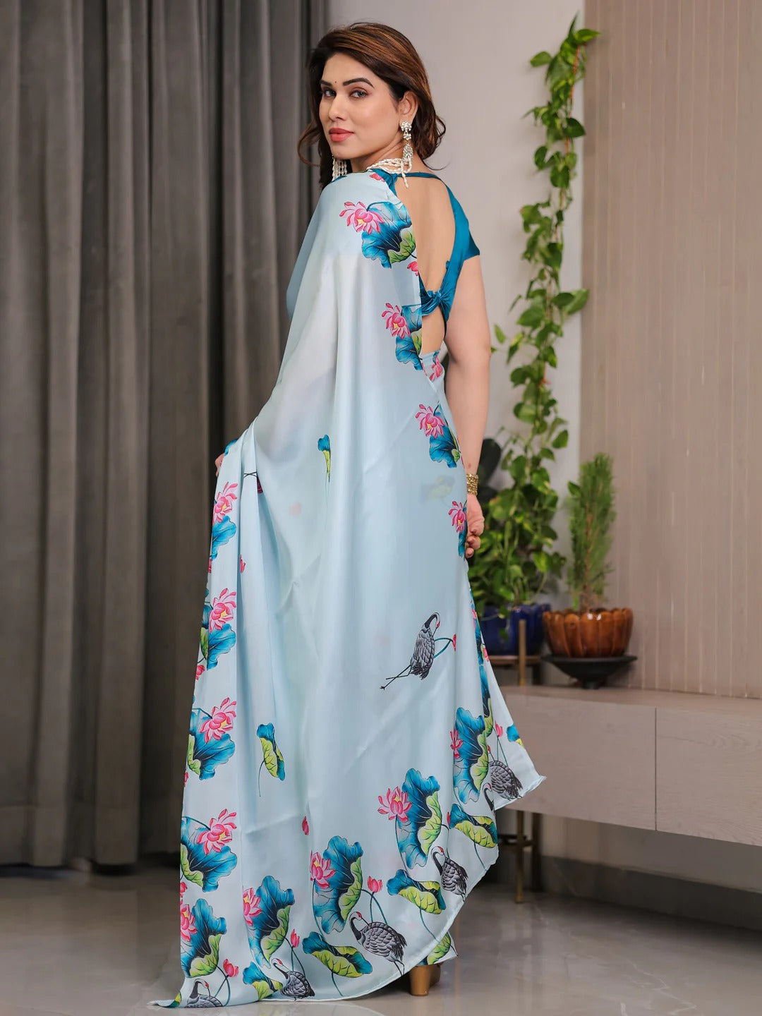Sky Blue Lotus Print Satin Saree with Blouse by for Women