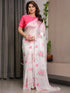 White Floral Satin Saree with Pink Flower Print for Women