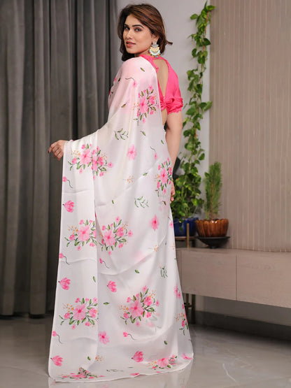 White Floral Satin Saree with Pink Flower Print for Women
