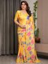 Yellow Floral Satin Saree with Unstitched Blouse by for Women