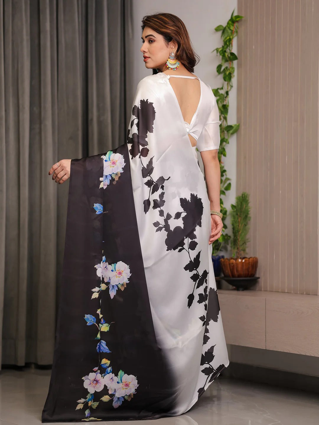 Black Floral Satin Saree with Unstitched Blouse for Women
