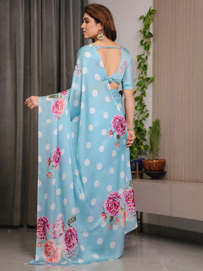 Blue Floral Satin Saree with Unstitched Blouse from for Women