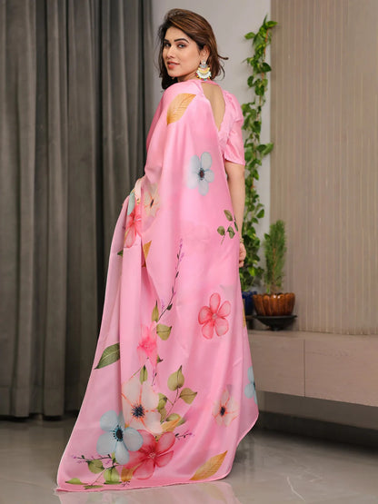 Pink Floral Satin Saree with Unstitched Blouse . for Women
